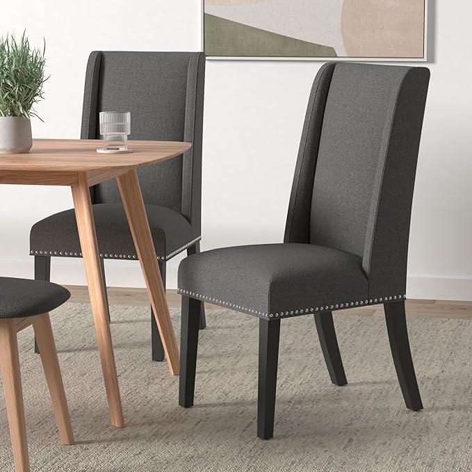 Modway Baron Modern Tall Back Wood Upholstered Fabric Four Dining Chairs in Gray