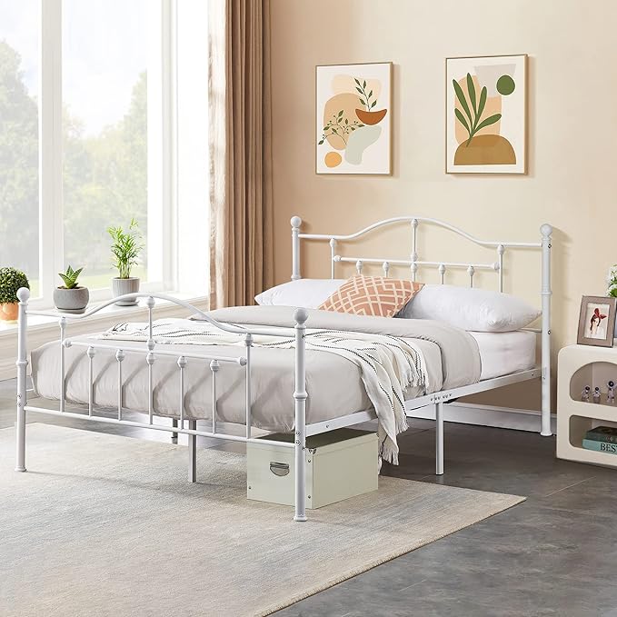 VECELO Full Size Bed Frame, Metal Platform Mattress Foundation/Box Spring Replacement with Headboard Victorian Style, White