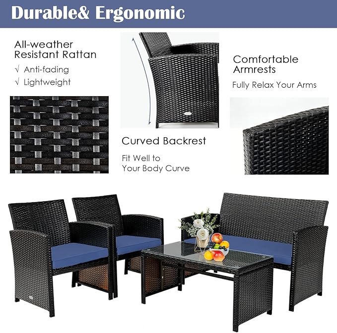 Tangkula 8 Pieces Rattan Furniture Set, Outdoor Conversation Set w/Chair & Loveseat & Tempered Glass Coffee Table, Suitable for Garden, Backyard, Poolside, Patio Furniture Set for 8 (2, Blue)