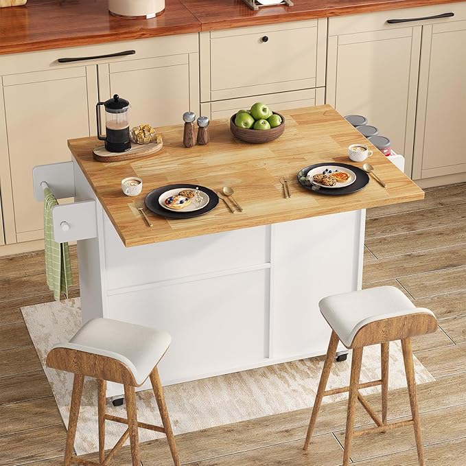 Rolling Kitchen Island with Storage Cabinet, 41.3'' Width Kitchen Cart with Desktop Drop Leaf Countertop, Portable Mobile Island with Towel Rack, Spice Rack Shelf, White
