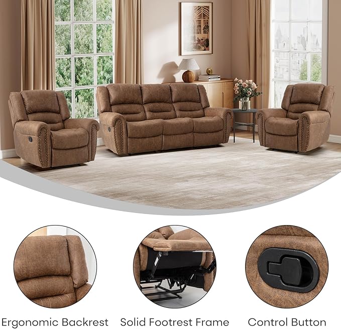 EBELLO Manual Recliner Sofa Set, Faux Leather Reclining Living Room Set, Included Two Single Recliner Chairs and One 3-seat Manual Sofa, Vintage Rivet Mid-Century Design for Living Room, Brown