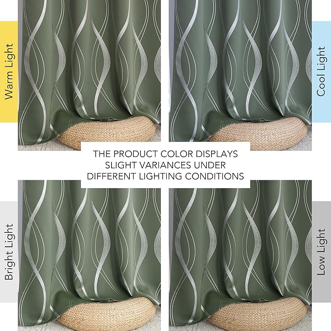 NICETOWN 100% Blackout Greyish Green Blackout Curtain Panels for Bedroom 72 inch Long, Thermal Insulated Wave Line Foil Print Design Drapes for Patio Sliding Glass Door, 52" x 72", 2 Panels