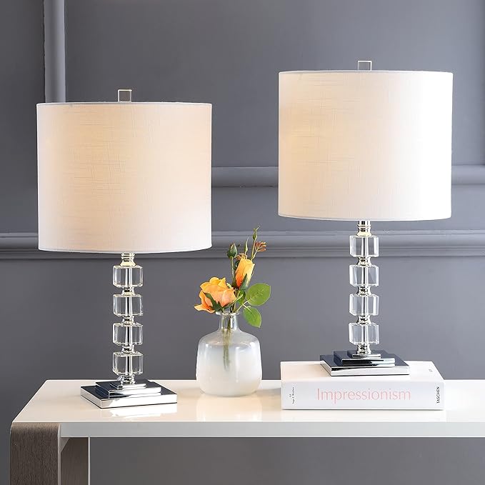 JONATHAN Y 22" Clear Crystal and Chrome Stacked Cube Table Lamp Set of 2, Glam Contemporary Nightstand Lamps with White Linen Drum Shade, LED Bulbs Included JYL5040A-SET2