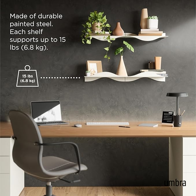 Umbra Surf Shelf Set of 2 – Sand Metal Floating Shelves for Wall Storage & Décor, Modern Wave Design, 100% Steel, Holds 15 lbs. Each, Easy Installation Shelving for Bedroom, Living Room & Office