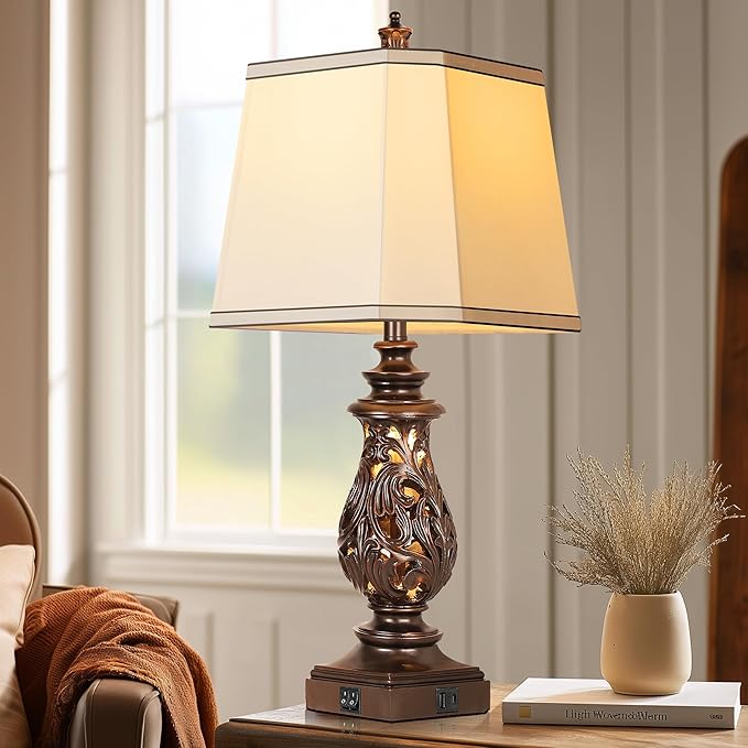 PARTPHONER 29" Table Lamps Set of 2, Bedside Lamps with USB A+C Ports & Night Light, Farmhouse Nightstand Lamps with Faux Silk Shades for Bedroom Living Room, Vintage Brown (LED Bulbs Included)