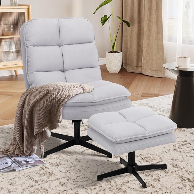 Swivel Accent Reading Chair with Ottoman, Modern Velvet Upholstered Lounge Chair with 360° Swivel and Criss-Cross Legs, Comfy Reading Chair for Bedroom, Living Room,Supports 300 lbs,LightGray 2pc