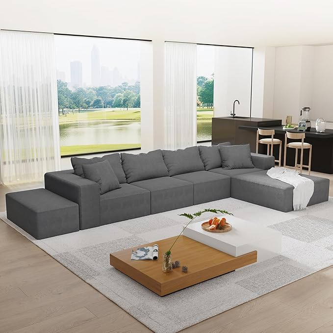 Oversized Boneless Modular Sectional Sofa Cloud Couch for Living Room - Convertible 6 Seater Chenille Couches Set with Ottoman, No Assembly Floor Compression Sofa with Memory Foam | Deep Seat, Wider Armrest, Free Combination