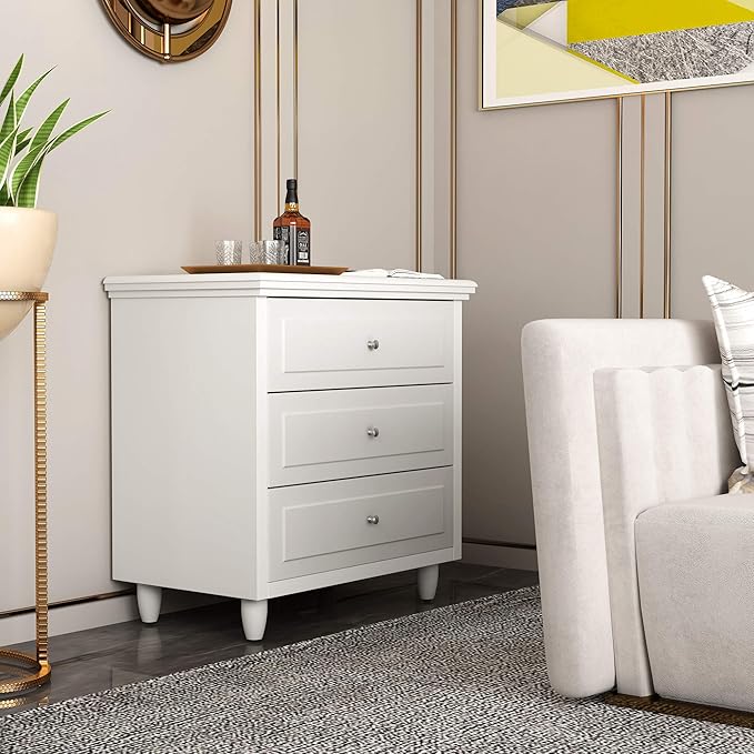 AWQM White Nightstand, 3 Drawer Night Stand, 22 Inch Wider Side Table with Storage, Rattan Boho Bedside Table, End Table for Bedroom, White