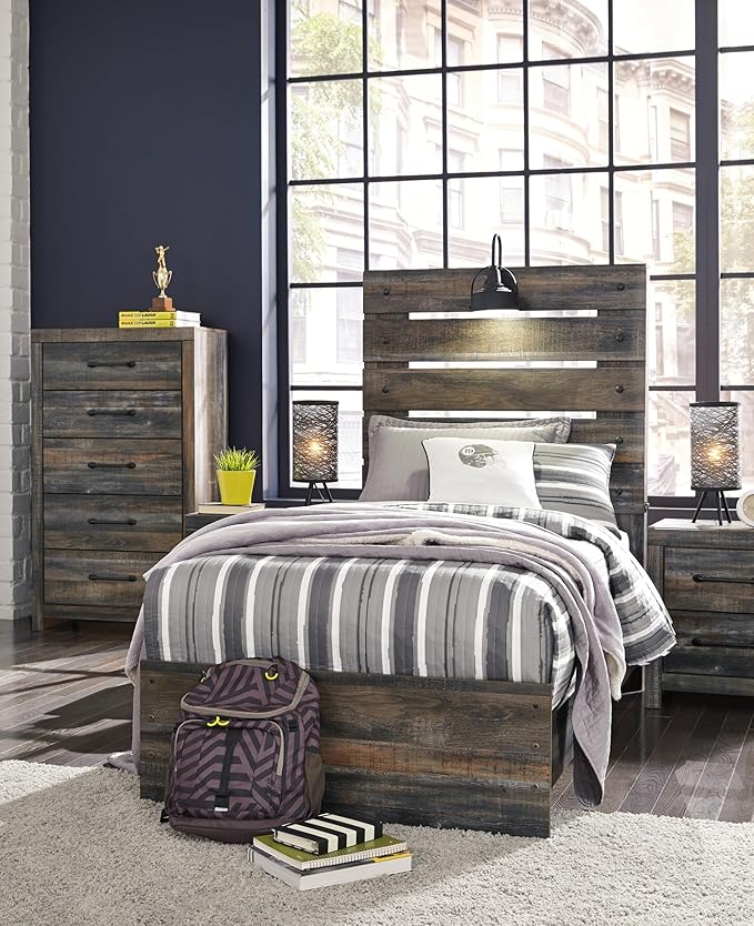 Signature Design by Ashley Drystan Rustic Twin Panel Bed with Sconce LED Lights, USB Ports and Nailheads, Foundation or Box Spring Needed, Dark Brown & Gray