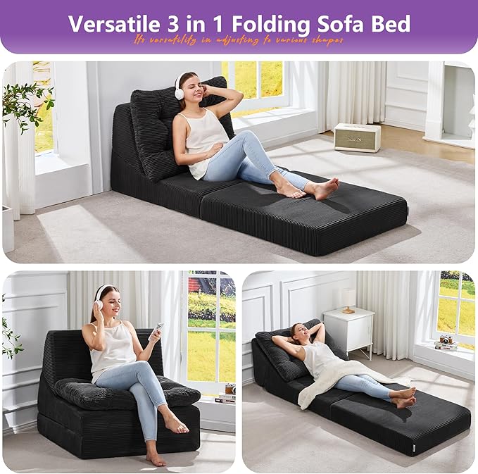 Hobestluk Sofa Couch Folding Sofa Bed Comfy Floor Lounger Convertible Sofa with Removable Cushion Couches for Small Spaces Foldable Mattress for Living Room Bedroom or Office (Cordury Black, Large)