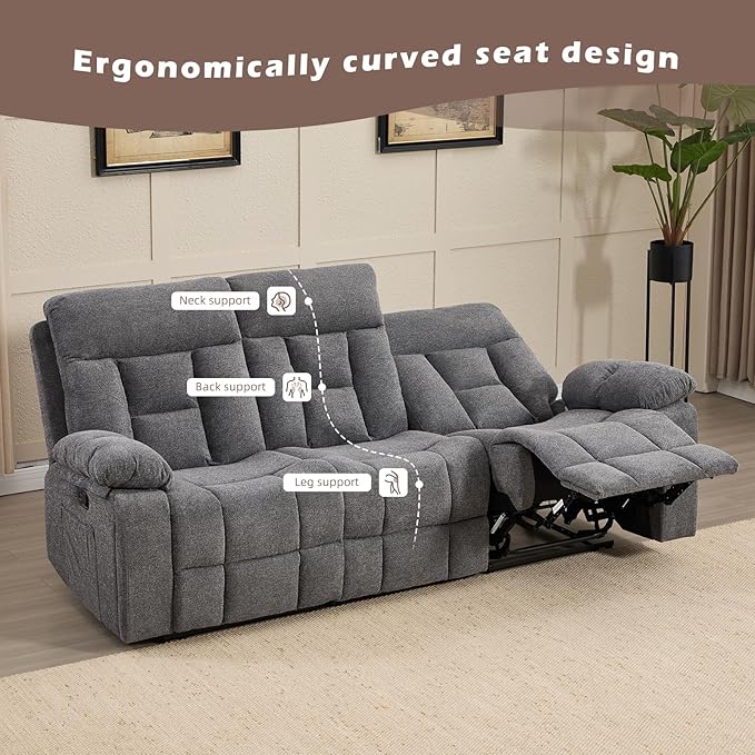 CANMOV 3 Seat Manual Recliner Sofa, Modern Reclining Sofa with Overstuffed Armrest, Hidden Cup Holders, for Living Room, Grey