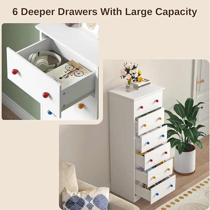 LIKIMIO Small Dresser Tall, 6 Drawer Tall Skinny Dresser with Colorful Handles, Chest of Drawers for Bedroom, 51.5" H Modern Wooden Floor Storage Cabinet with Metal Sliding Rail, White