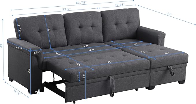 ERYE 83-inch Pull Out Sleeper Couch Bed, L-Shaped Reversible Sleeper Sectional Sofa Linen Blend Tufted Upholstered Corner Convertible Sofa Bed with Storage Chaise