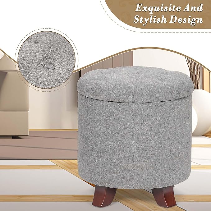 Athena Collection 15 Inch Small Ottoman with Storage, Round Linen Fabric Storage Ottoman Foot Rest with Removable Lid, Multipurpose Footstool Footrest for Living Room, Bedroom, Dorm, Grey