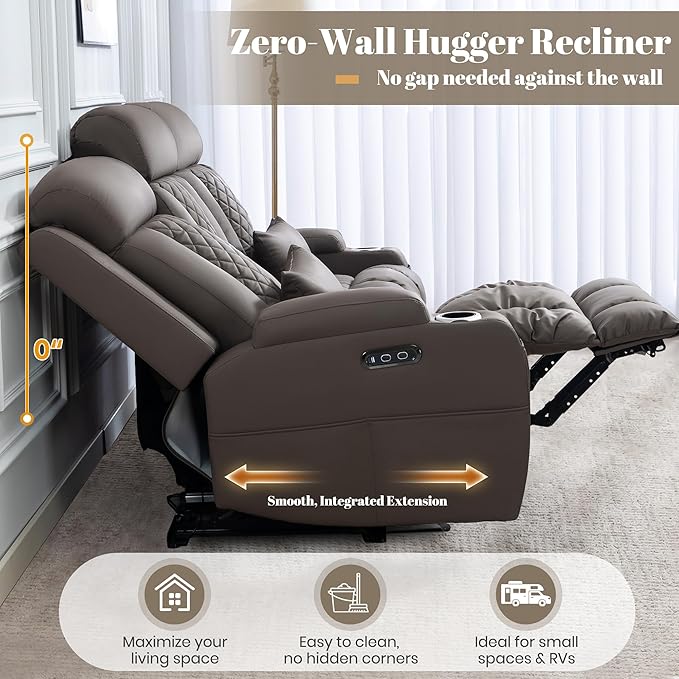 Zero Wall Hugger Power Reclining Sofa with Adjustable Headrest, Electric Reclining Couch with Drop-Down Table,Outlets, Power Loveseat Recliner Sofa for Living Room (PU Brown, 3 Seat) | Cat-Proof Leather