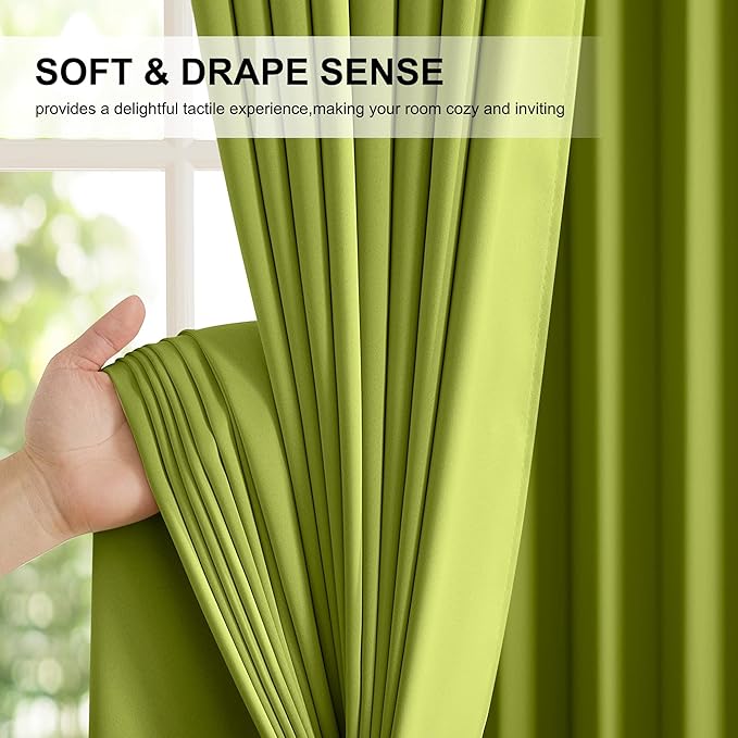 NICETOWN 100% Blackout Curtains for Bedroom, Fresh Green 2 Pieces W52 x L84 Energy Efficient & Thermal Insulated Drapes, Rod Pocket Black Lined Window Treatment Panels for Patio Sliding Glass Door