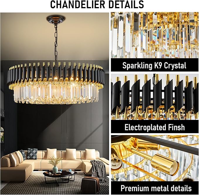 Black and Gold Crystal Chandelier 30'' K9 Crystal Luxury Round Pendant Lights Adjustable 6-Tier 12-Lights Large Modern Crystal Chandelier Light for Dining Room Living Room Foyer Entryway