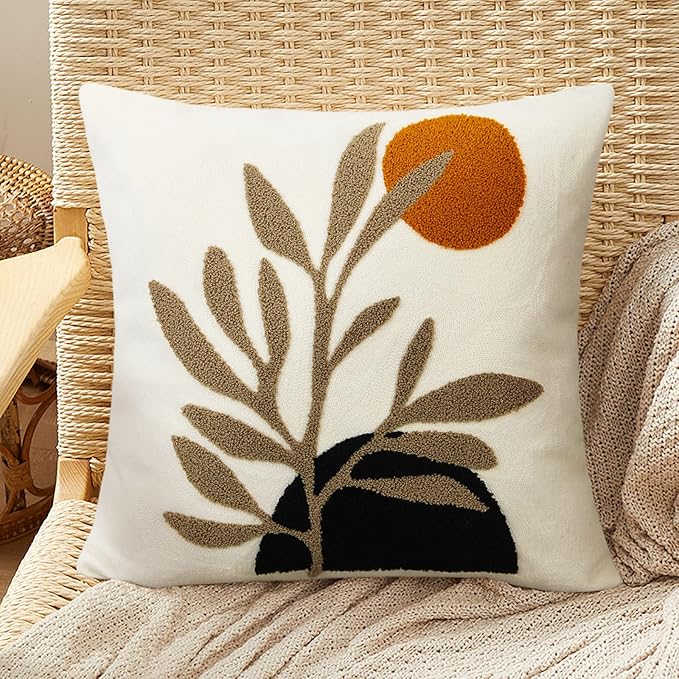 Merrycolor Boho Decorative Throw Pillow Covers 16x16 Tufted Mid Century Modern Throw Pillow Covers Abstract Leaf Pillow Cover Bohemian Aesthetic Boho Pillows for Couch Bed Sofa Living Room 1PC