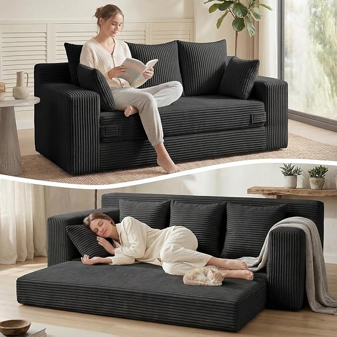 Oversize Boneless Loveseat Convertible Sofa Bed, Folding Floor Futon Sleeper Sofa Queen Size Couch Bed- Boneless Foldable Couch, Corduroy Pull Out Sofa Bed with 5 Pillows for Living Room & Bedroom