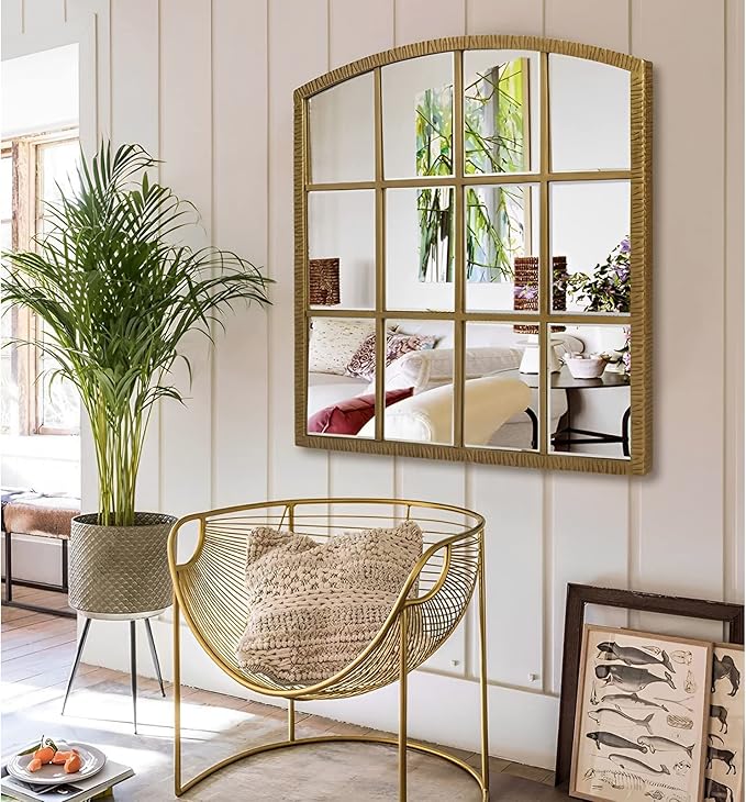 36 Inch Arched Window Mirror, Windowpane Decorative Mirror with Beveled, Metal Large Accent Mirrors, Grid Wall Mirrors for Living Room, Entryway, Vintage Gold