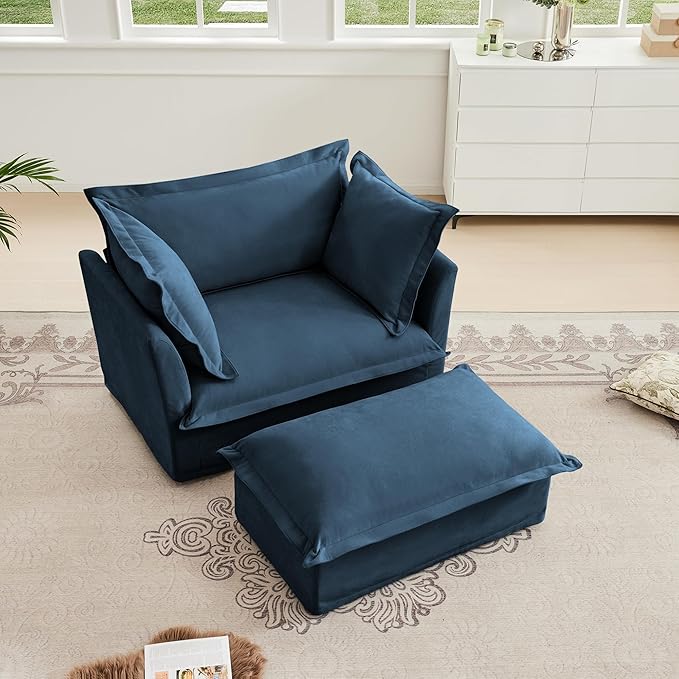 KEIKI Oversized Accent Chair with Ottoman, Chaise Lounge Chair with 2 Pillows, Armchair Sets, Oversized Sofa Bed, Sleeper Couch Reading Chairs for Living Room, Blue