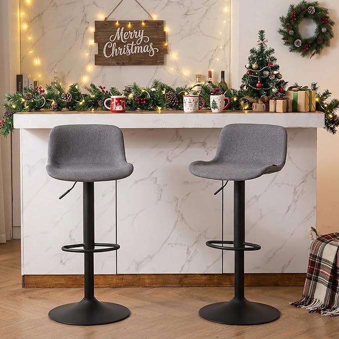 YOUTASTE Fabric Grey Bar Stools Set of 2, Modern Upholstered Counter Height Barstools, Adjustable Swivel Bar Stool with Black Metal Legs, Breakfast Bar Chairs for Kitchen Island Home Bistro