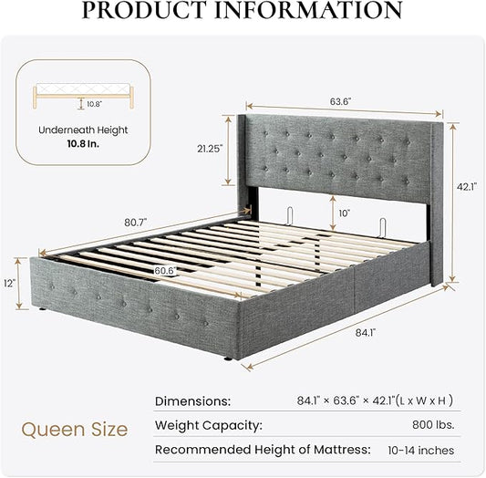 SHA CERLIN Queen Size Lift Up Storage Bed Frame,Button Tufted Wingback Headboard,Upholstered Platform,Hydraulic Storage,Wooden Slat Support,No Box Spring,Grey Blue