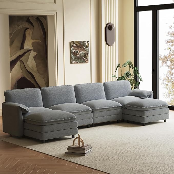150" U Shaped Cloud Couch Sectionals Comfy Grey Sectional Couches for Living Room Modern Fluffy Oversized Modular Sofas, Chenille Large Big 6 Seat Sofa Set