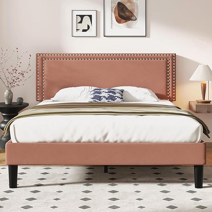 VECELO Full Size Bed Frame with Adjustable Upholstered Headboard, Wooden Slats Platform, Noise-Free Design, Easy Assembly