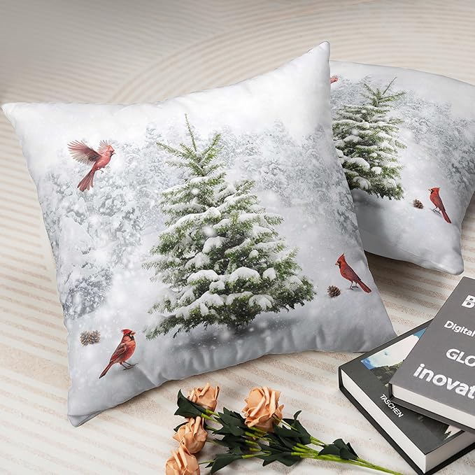 Set of 2 Snowy Winter Throw Pillow Covers 20x20 Natural Forest Pillow Case Christmas Pine Tree with Cardinal Birds Cushion Case for Holiday Decorations Couch Living Room