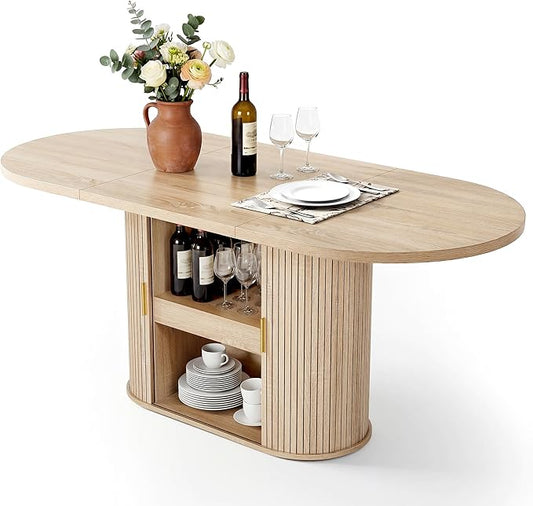 DWVO 70.9" Oval Dining Table for 6-8, Modern T-Shaped Kitchen Table with Storage Shelves & Pedestal Base, Multi-Purpose Dinner & Office Table, Light Oak