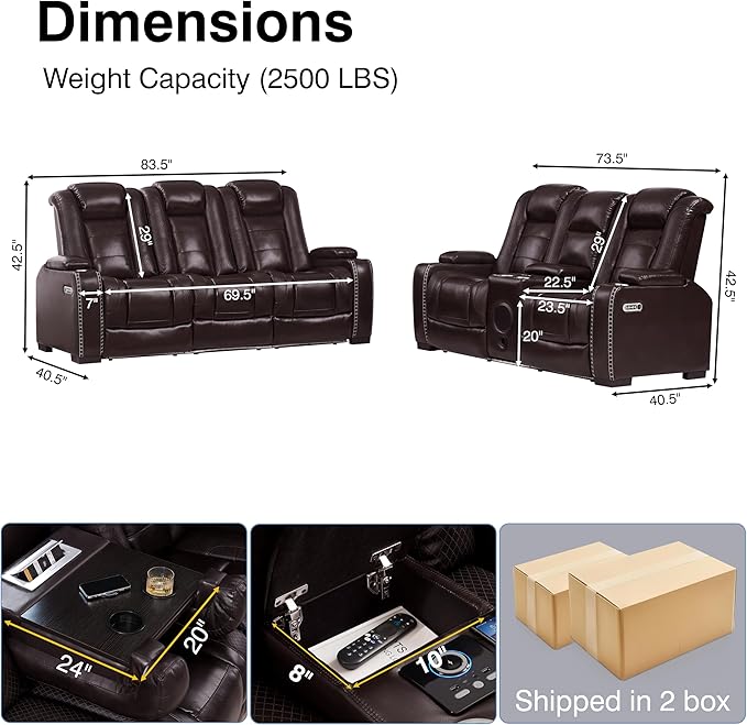 THSUPER Brown Leather Power Recliner Sofa Loveseat Sets with Arm Storage and Power Headrest, Leather Living Room Reclining Sofa and Loveseat Set with Cup Holders and Bluetooth Speaker.