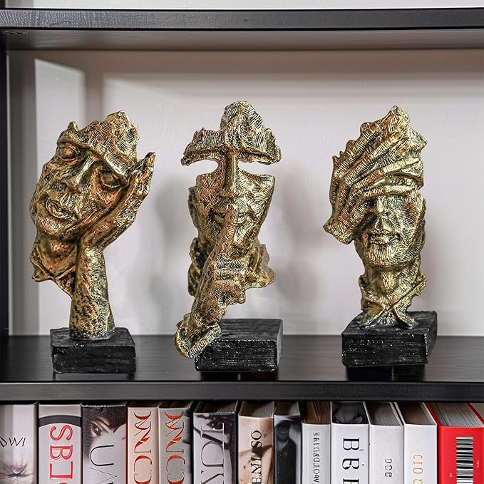 3 Pcs Thinker Statue, Silence is Gold Abstract Art Figurine, Modern Home Resin Decorative Objects Decor for Home Office Bookshelf Desktop,No Hear No See No Speak Knick Knacks