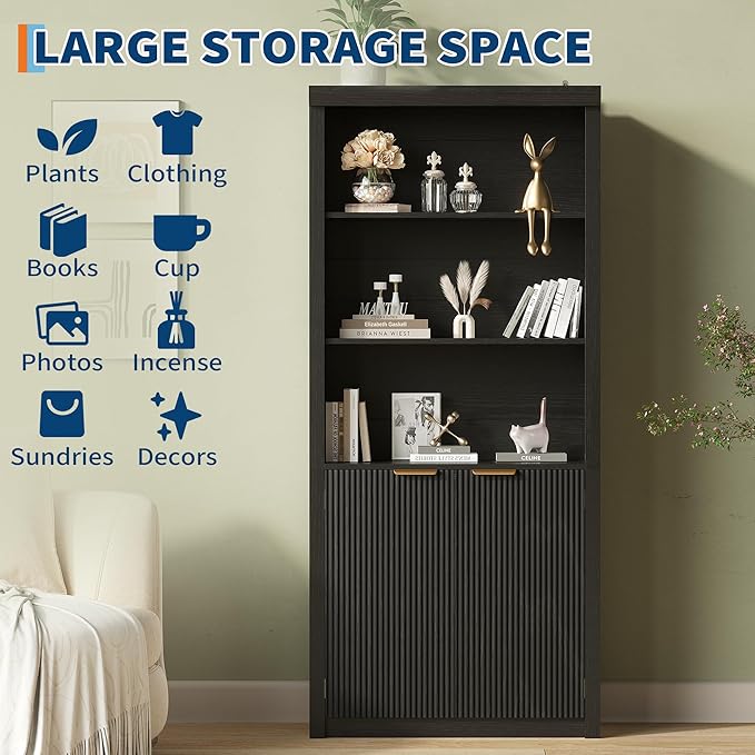 Garvee 71" Tall Bookshelf with Fluted Doors, 5 Tier Bookcase Display Shelves with Storage Cabinet & Adjustable Shelf, Mid-Century Modern Bookshelves for Home Office, Living Room, Black