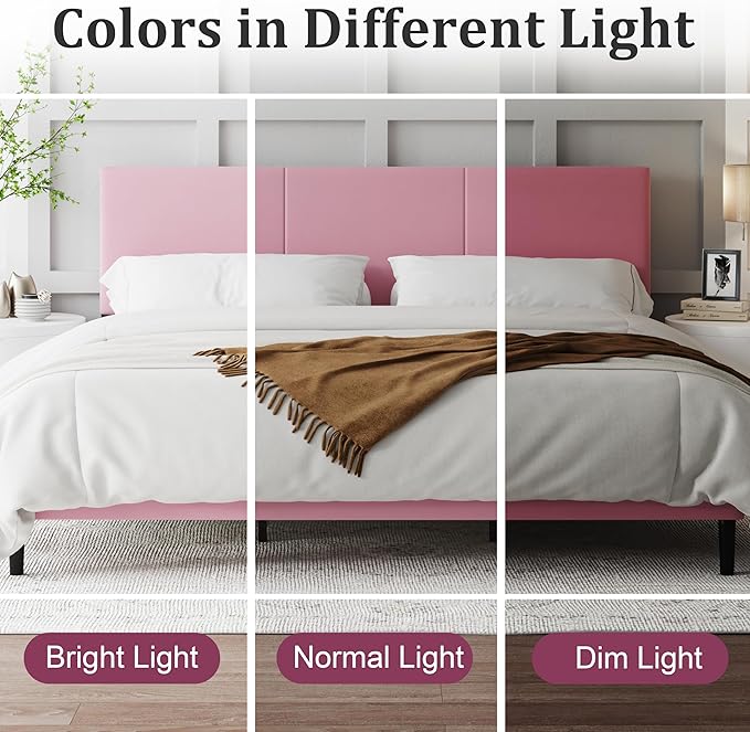 Full Size Bed Frame with Upholstered Headboard, Sturdy Wood Slats, No Box Spring Required, Silent, Easy Assembly,Pink