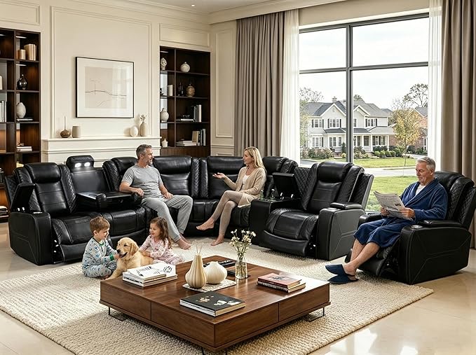 Power Reclining Sectional Sofa Set with LED, Living Room Furniture Sets, Leather Recliner Couch for Living Room/Home Theater, Sectional Couch and Chair with 3 Recliners, USB Port/Hide-Away Storage