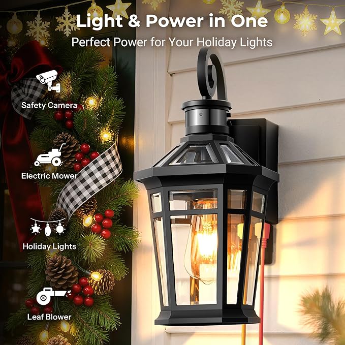OPAIXS Motion Sensor Outdoor Wall Lights with Outlet, Black Front Porch Light with GFCI Outlet, Modern Coach Lights for Garage, Waterproof Exterior Wall Sconce Lantern, E26 Outside Wall Light Fixture