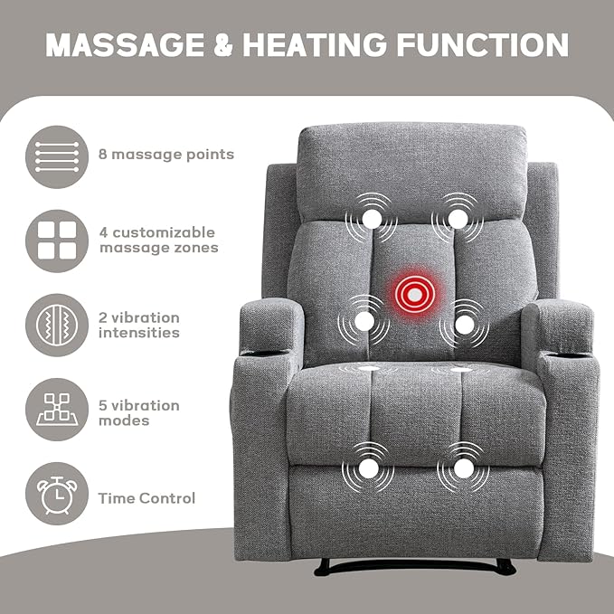 CANMOV Manual Massage Heat Recliner Chair Set of 2,Soft Fabric Recliner Chair with Overstuffed Arm and Back, Manual Reclining Single Sofa with 2 Cup Holders, Side Pocket for Living Room,Light Grey