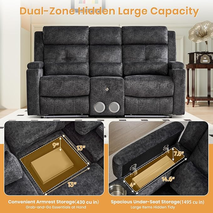 Power Reclining Sofa with 4 LED Lights, Bluetooth Speaker, Power Reclining Loveseat with Drop Down Table,Outlets, 3-Seater Recliner Sofa with Arm/Seat Storage(Grey, Loveseat with Console)