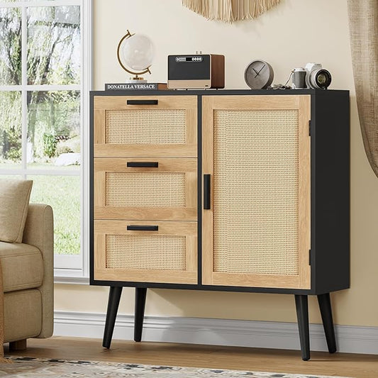 TEENFON Storage Cabinet with Adjustable Shelf & 3 Drawers, Rattan Cabinet with Doors, Freestanding Floor Accent Storage Unit for Living Room, Home Office, Natural + Black