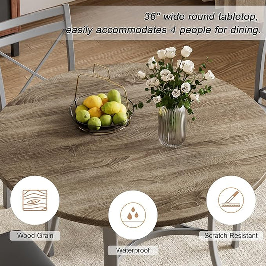 VECELO 5 Piece Dining Table Set for 4 with Chairs, Wood Grain Tabletop, Small Space, Kitchen, Breakfast Nook, Grey