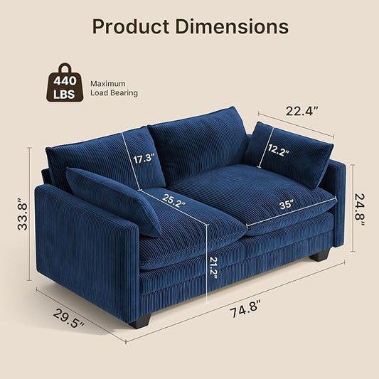 Gizoon 75” Small Cloud Loveseat Couches for Living Room, 2 Seater Love Seat Sofa with Comfy Deep Seat, Small Washable Couches with Removable Corduroy Cover for Apartment, Blue