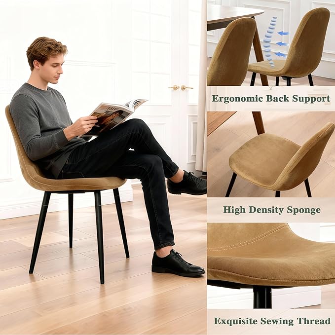 CangLong Set of 2 Velvet Dining Chairs with Metal Legs, Accent Chairs for Living Room & Bedroom, Modern Side Chairs for Kitchen/Restaurant, Earthy Yellow