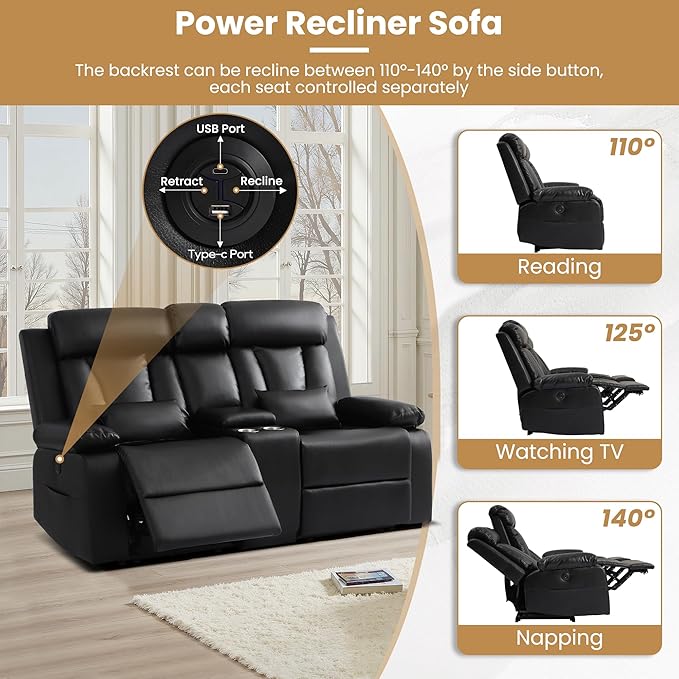 Power Reclining Loveseat with Console and Cup Holders,Leather Electric Recliner Sofa with USB & Type-C Ports, Storage Armrest and Lumbar Pillow,Wall Hugger Couch for Living Room RV (Black, 2 Seats)