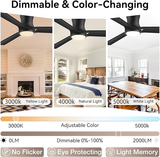 52inch Smart Ceiling Fans with Lights,Low Profile Black Wood Ceiling Fans,Remote/APP/Alexa Control,Modern Flush Mount Ceiling fan,Outdoor Indoor for Bedroom Living room Patio,3 Blade,Dimmable,Quiet