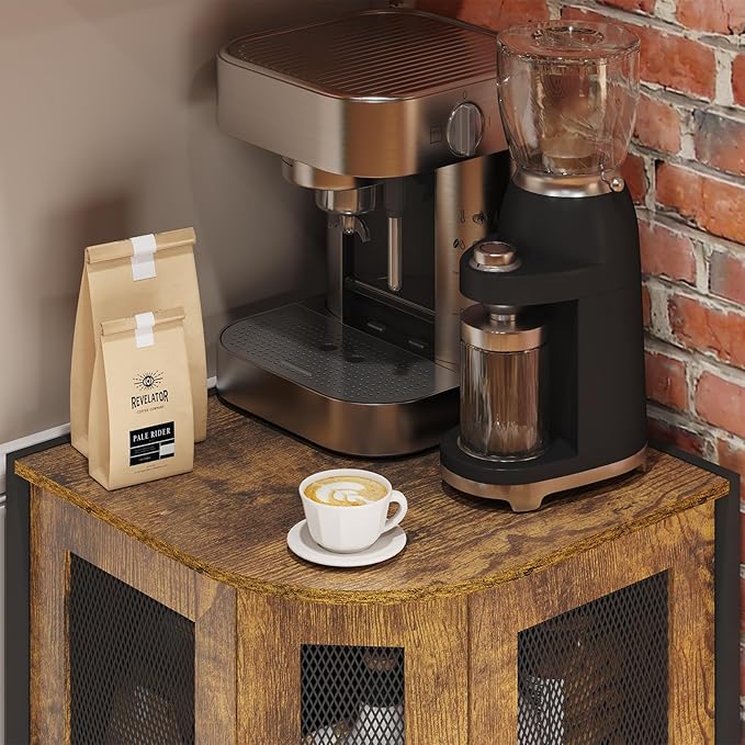 keomaisyto Coffee Bar Cabinet, 3-Tier Corner Coffee Cabinet with Storage Shelf & 18.7" Countertop, Rustic Wood Corner Bar Station with Magnetic Door for Kitchen/Entrance/Living Room/Dining Room