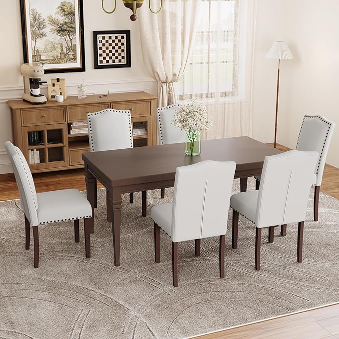 Dining Chairs Set of 4, Soft Comfortable Upholstered Parsons Chairs with High-Density Cushion & Solid Wood Legs, Classic Nailhead Trim for Dining Room, Kitchen, Living Room – Beige