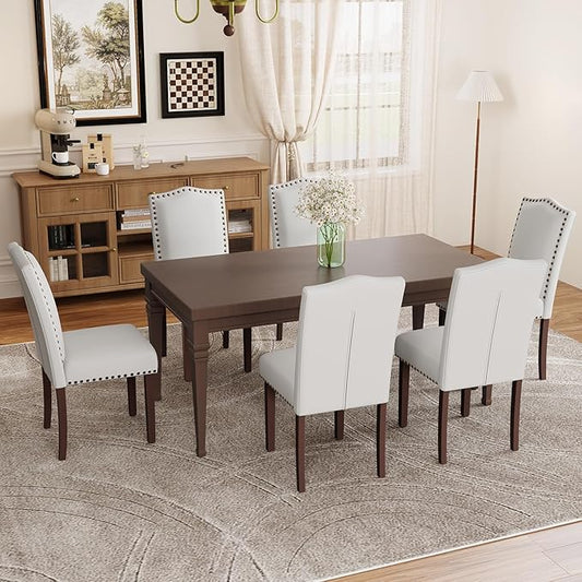Dining Chairs Set of 6, Soft Comfortable Upholstered Parsons Dining Chairs with High-Density Cushion, Solid Wood Legs & Nailhead Trim, Ideal for Dining Room, Kitchen, Living Room – Beige