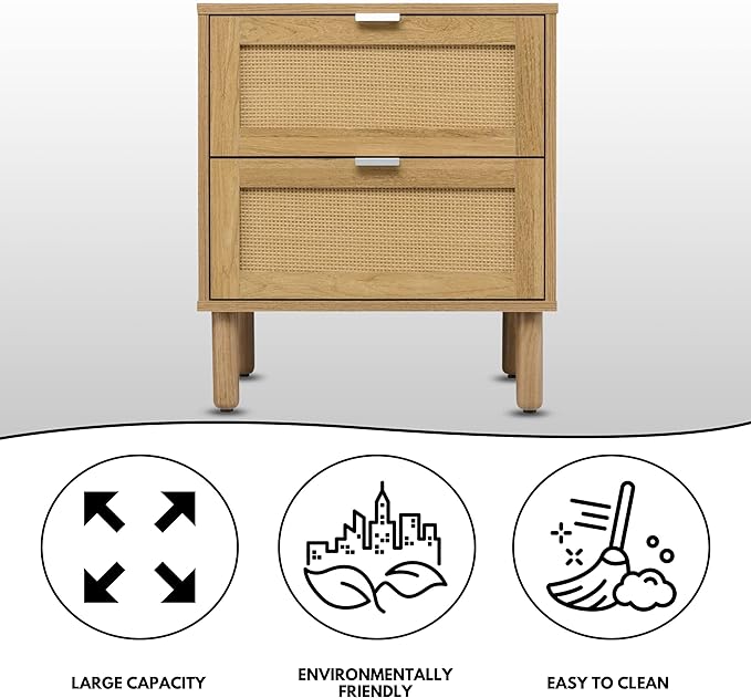 SANGO Orre 2-Drawer Nightstand, Modern Brown Bedside Table with Synthetic Rattan Drawer Panels, Cylindrical Wood Legs, Discreet Finger Pulls, Smart Storage for Living Room or Office Room