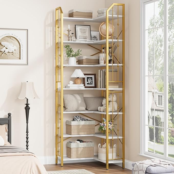 GarveeHome Corner Bookshelf 86" l Shaped Bookcase, Corner Bookshelves Industrial Bookcase 7 Tier l-Shape Bookshelf, Large Bookcases with Beaded Design Tall Display Rack Shelf for Living Room Bedroom